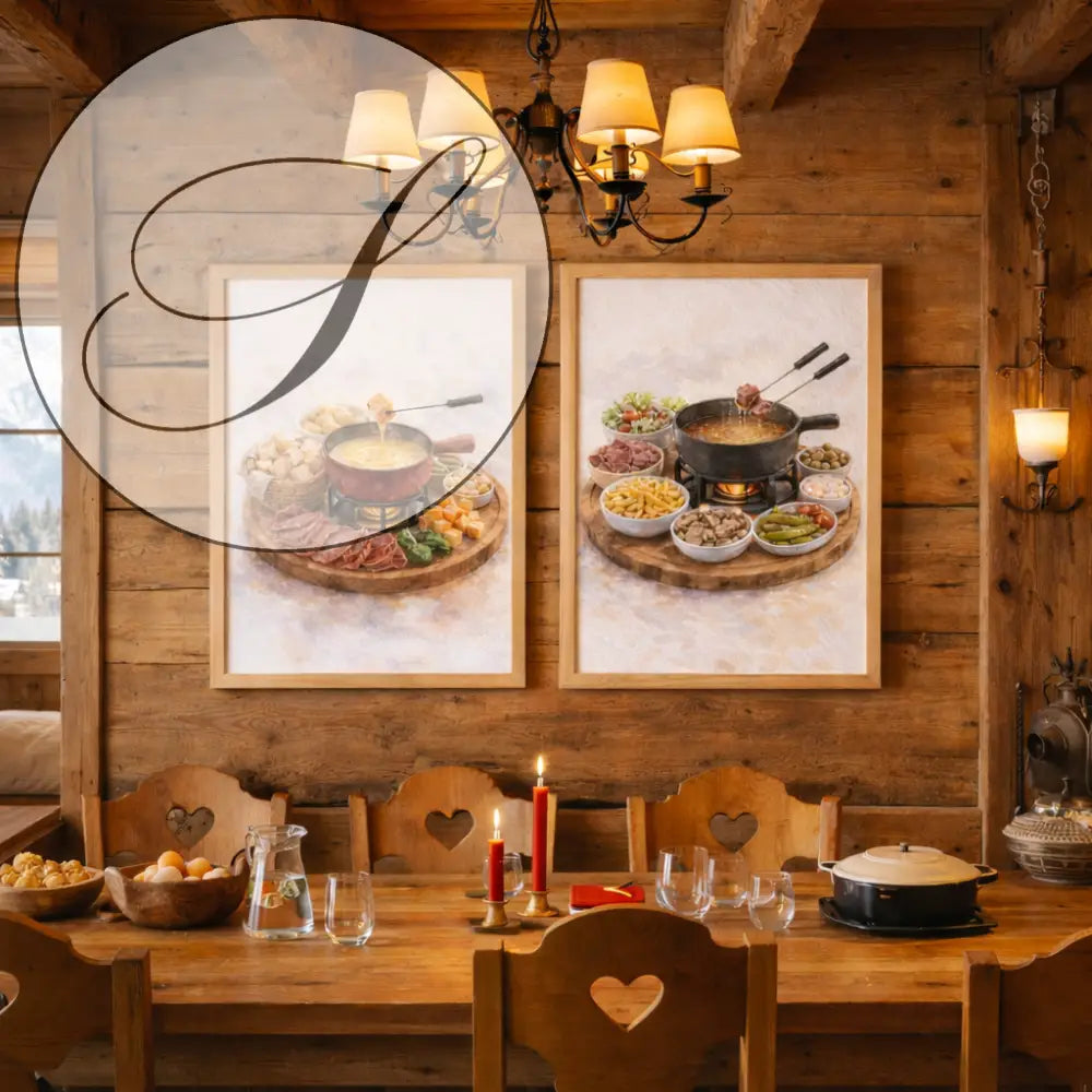 Deux peintures aquarelles encadrées montrant une scène de fondue suisse pour une décoration murale cuisine gourmande