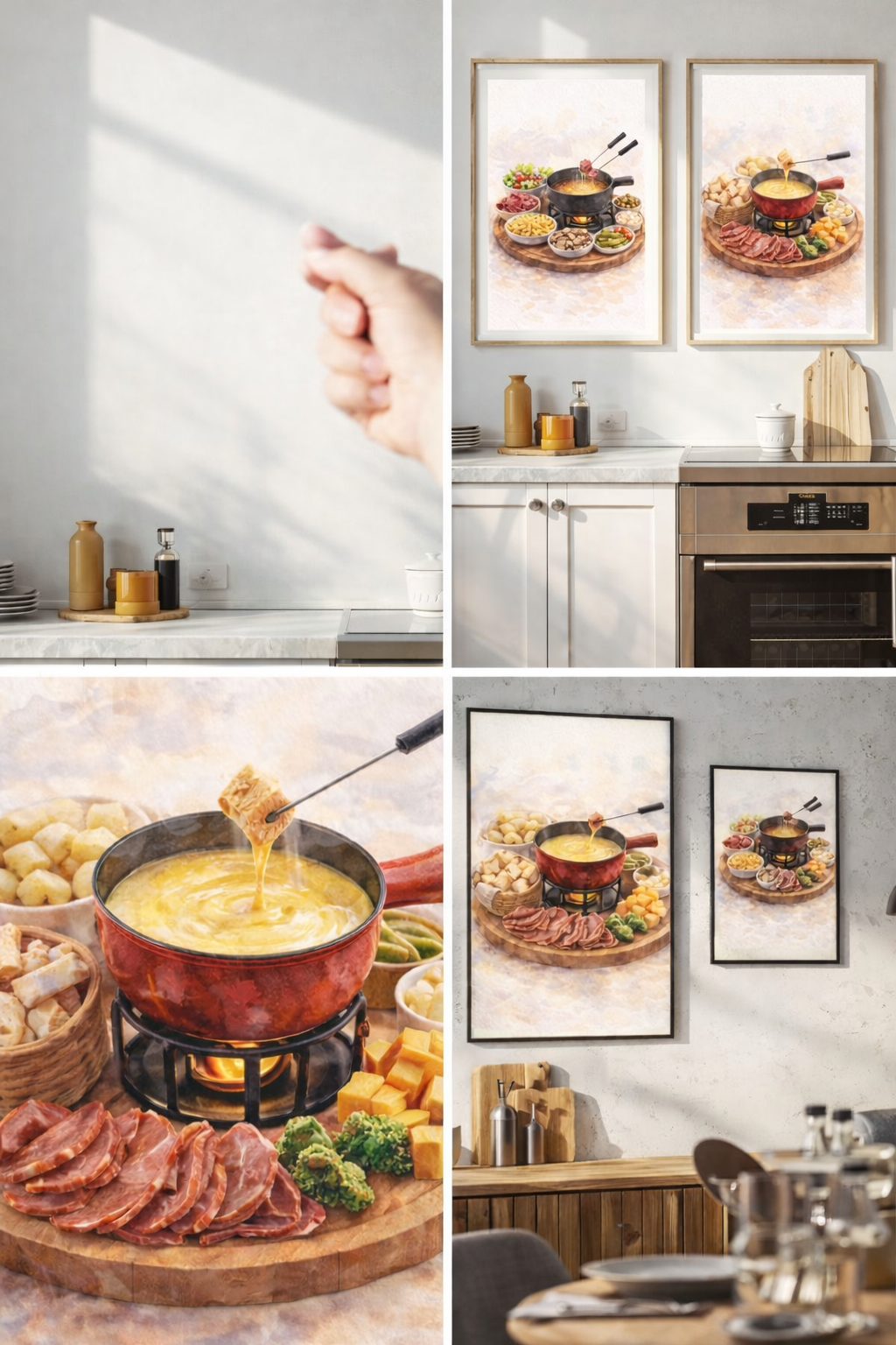 Affiche fondue suisse à imprimer montrant un art mural rouge avec un pot fondue sur support métal décor cuisine gourmande
