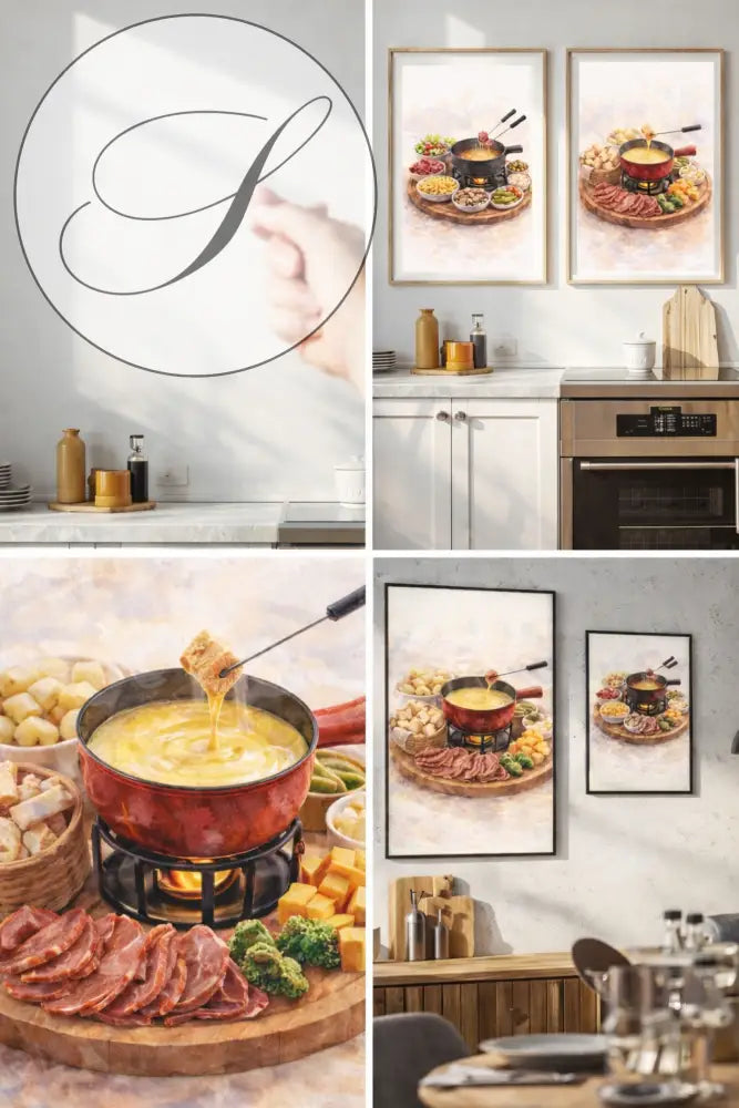 Affiche fondue suisse à imprimer montrant un art mural rouge avec un pot fondue sur support métal décor cuisine gourmande