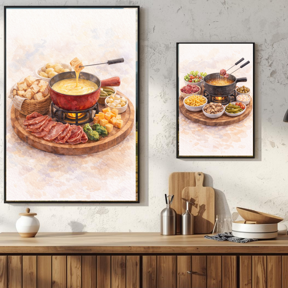 Affiche fondue suisse à imprimer avec pot rouge et poignée noire sur plateau bois décoration murale cuisine gourmande