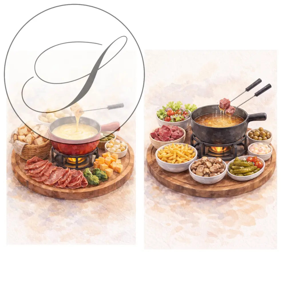 Affiche fondue suisse à imprimer avec pot rouge et décor fromages pour décoration murale cuisine gourmande art mural
