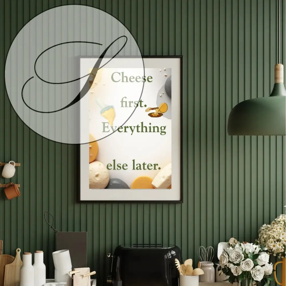 Affiche cuisine cadre noir avec texte cheese first art mural typographique pour décoration murale cuisine téléchargement instantané