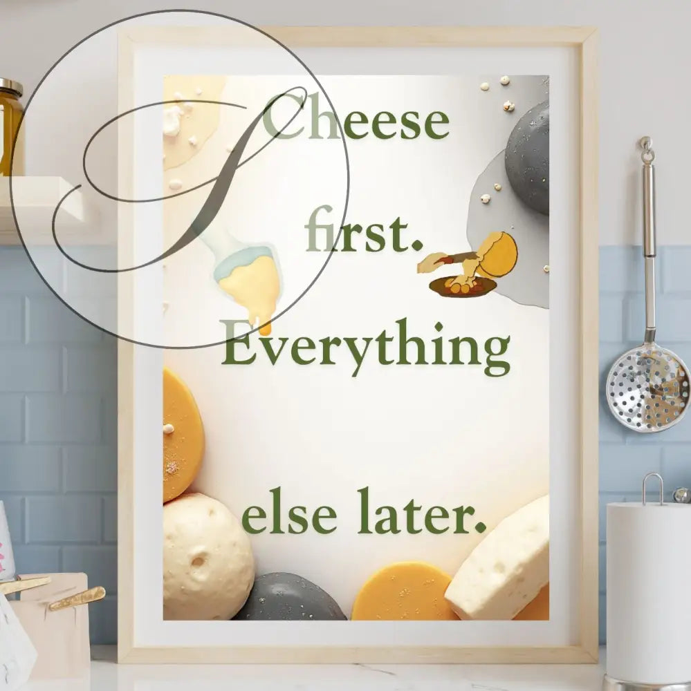 Affiche cuisine typographique cheese first en noir et blanc pour décoration murale cuisine téléchargement instantané art mural