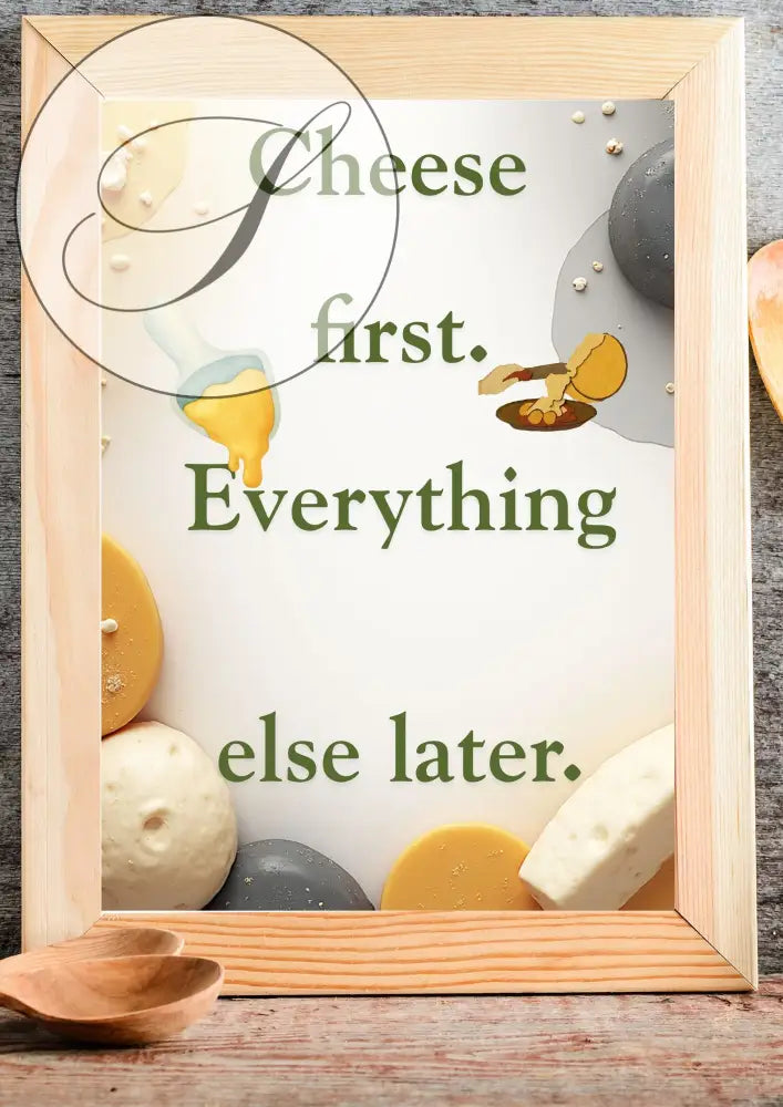 Affiche cuisine en bois clair avec phrase cheese first pour décoration murale cuisine art mural téléchargement instantané