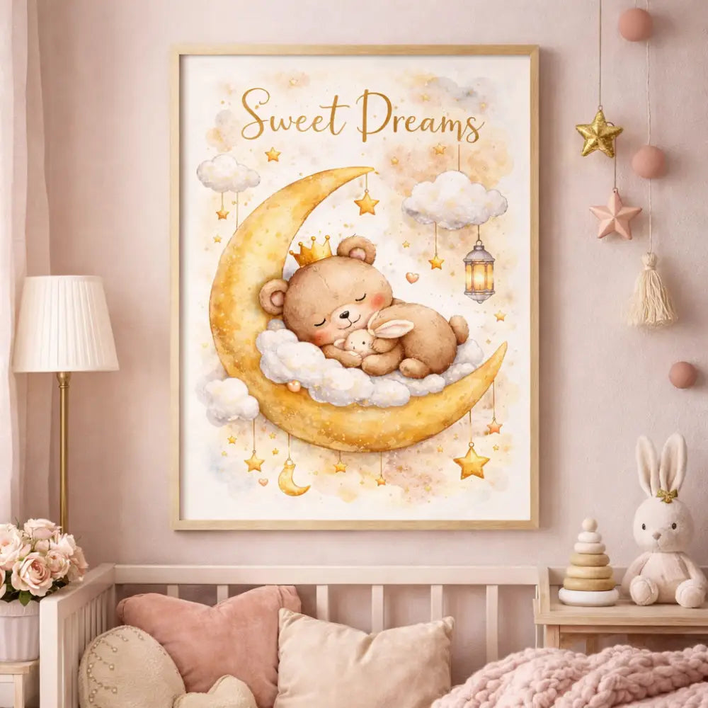 Affiche chambre bébé ours et lune avec ourson marron couronne sur lune en nuages blanc parfait pour chambre bébé