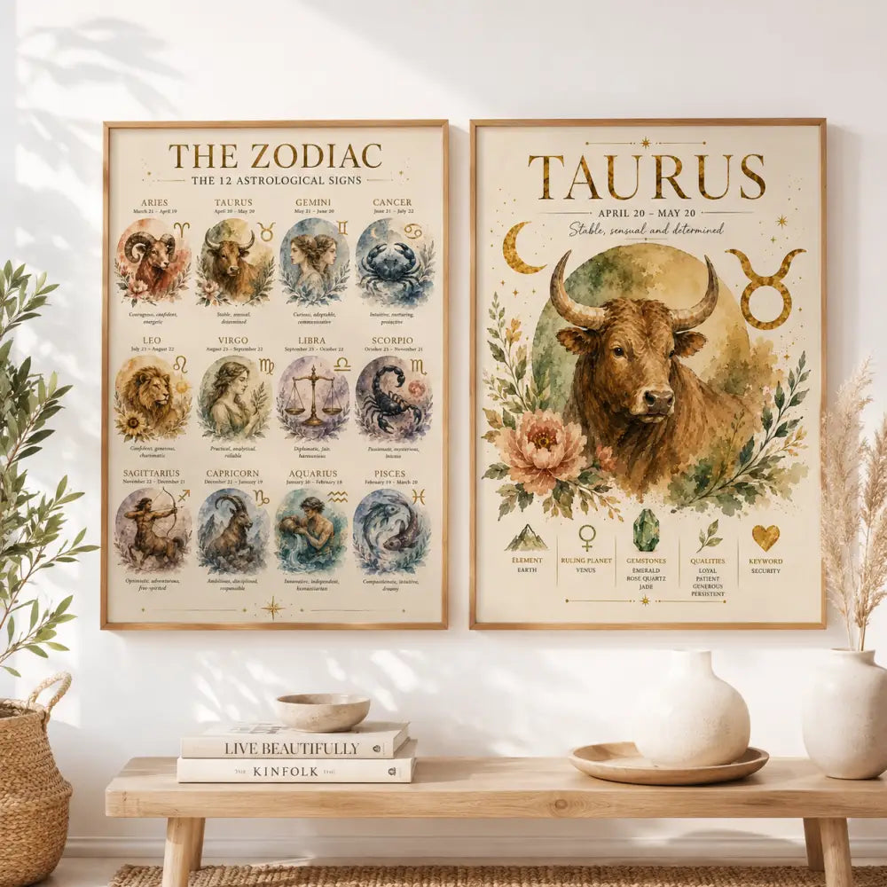 Affiche astrologie à imprimer avec illustration aquarelle détaillée du taureau marron entouré de fleurs et symboles astrologiques idéale cadeau anniversaire astrologie