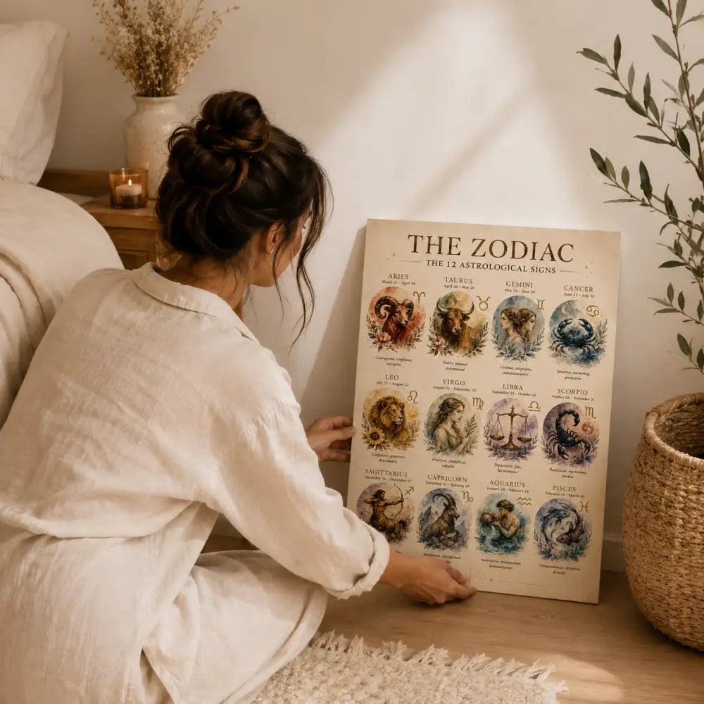 Affiche astrologie à imprimer vintage avec signes du zodiaque illustrés sur fond crème idéal cadeau anniversaire astrologie
