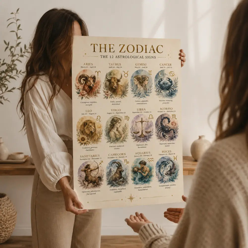 Affiche astrologie beige avec signes du zodiaque illustrés en aquarelle et lettres dorées idéale cadeau anniversaire astrologie