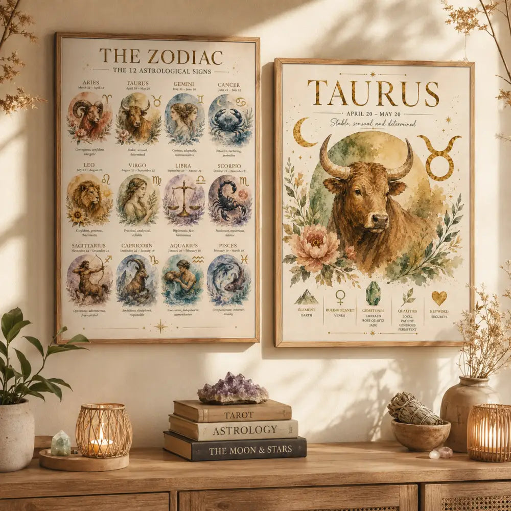 Affiche astrologie à imprimer taureau avec illustration aquarelle de taureau marron et éléments floraux idéale cadeau anniversaire astrologie
