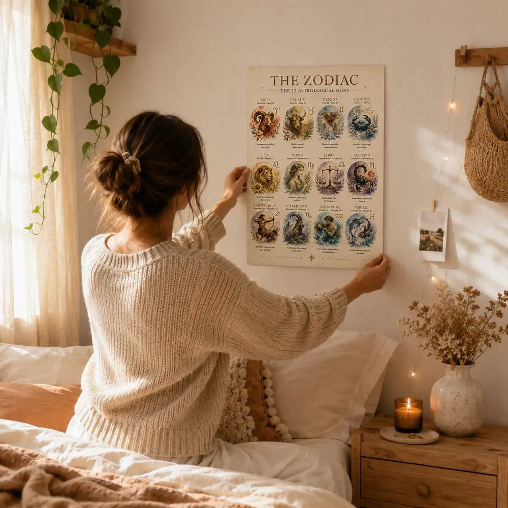 Affiche astrologie beige vintage avec illustrations détaillées des 12 signes zodiaque idéale cadeau anniversaire astrologie à imprimer