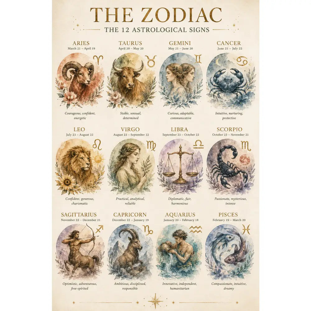 Affiche astrologie à imprimer avec illustration aquarelle des 12 signes du zodiaque sur fond crème cadeau anniversaire astrologie