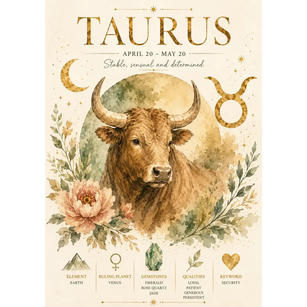 Affiche astrologie à imprimer avec illustration aquarelle taureau marron ornée de symboles et fleurs, cadeau anniversaire astrologie