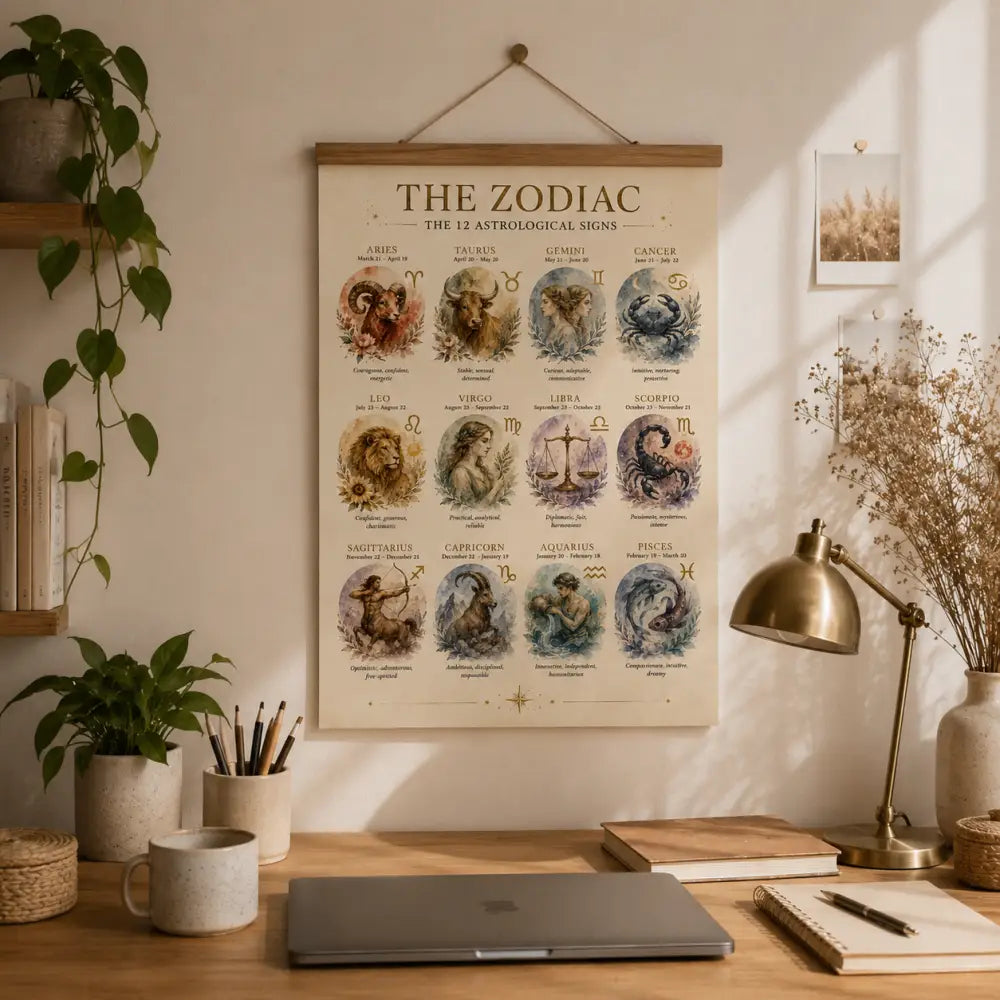 Affiche astrologie vintage à imprimer avec signes du zodiaque illustrés sur fond crème encadrée bois cadeau anniversaire astrologie