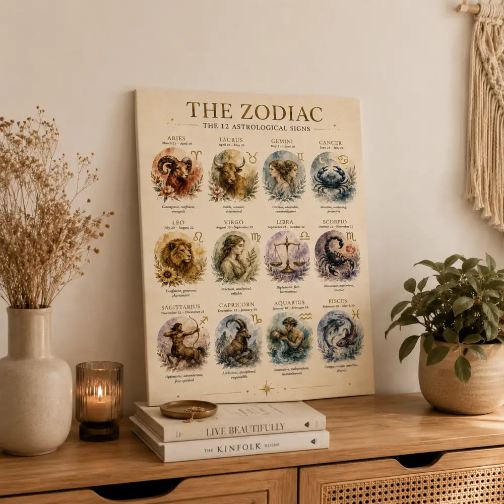 Affiche astrologie beige en toile avec 12 signes du zodiaque style vintage idéale cadeau anniversaire astrologie à imprimer