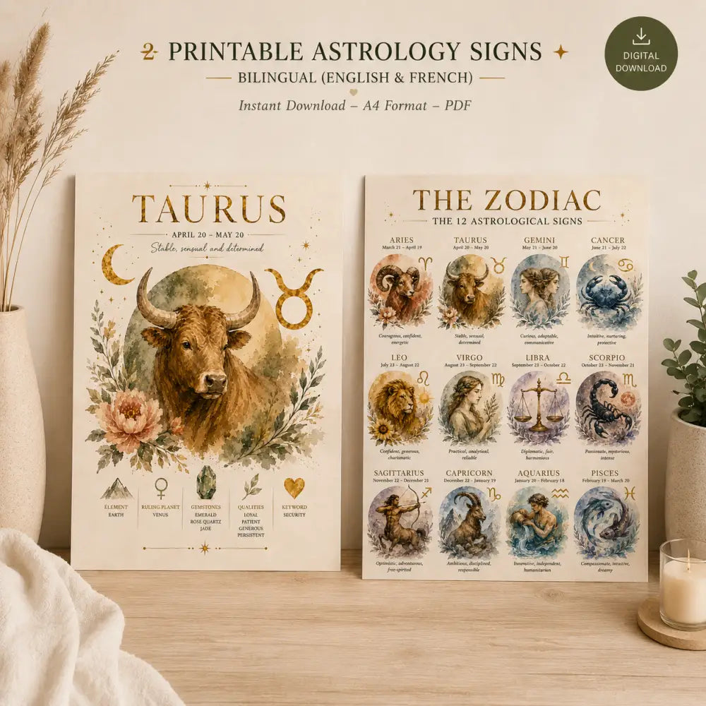 Affiche astrologie taurus à imprimer avec illustration taureau marron et motifs floraux célestes sur fond beige