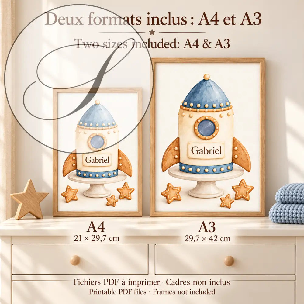Cadeau naissance à imprimer : affiche fusée au prénom en formats A4 21 x 29,7 cm et A3 29,7 x 42 cm