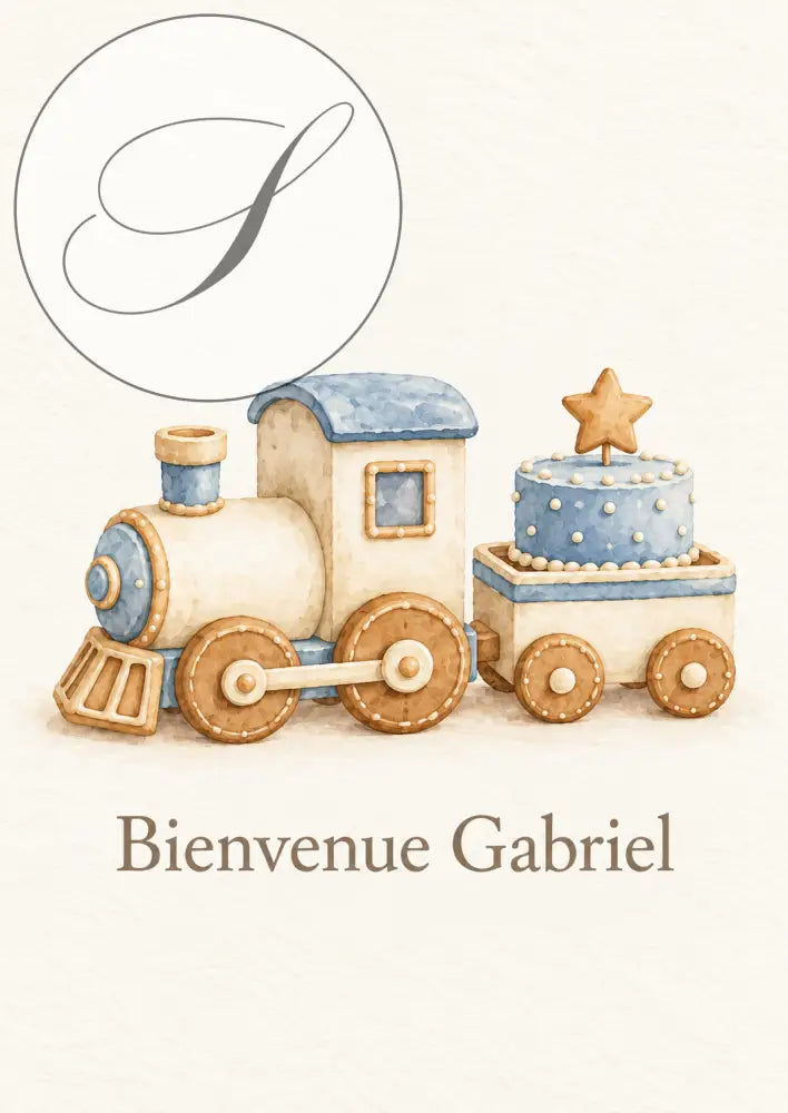Cadeau naissance garçon : affiche petit train bleu et wagon gâteau étoilé, Bienvenue et le prénom de bébé