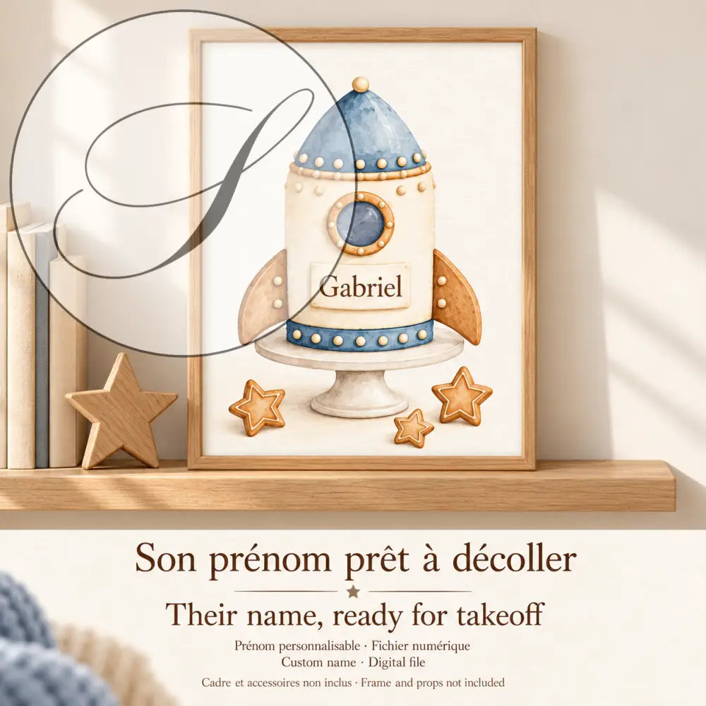 Cadeau naissance garçon : affiche fusée bleue et étoiles avec le prénom de bébé, son prénom prêt à décoller
