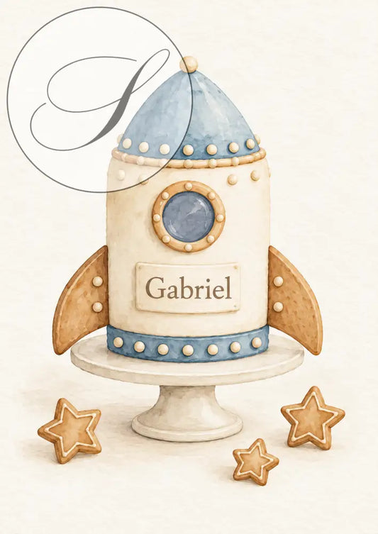 Cadeau naissance garçon : affiche fusée crème et bleue sur présentoir avec le prénom de bébé et des étoiles biscuit