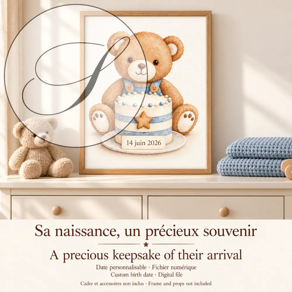 Cadeau naissance personnalisé : affiche ourson et gâteau rayé bleu avec la date de naissance, sa naissance, un précieux souvenir