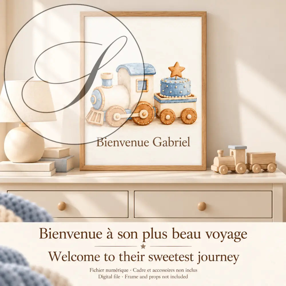 Cadeau naissance garçon : affiche petit train bleu Bienvenue avec le prénom de bébé, bienvenue à son plus beau voyage