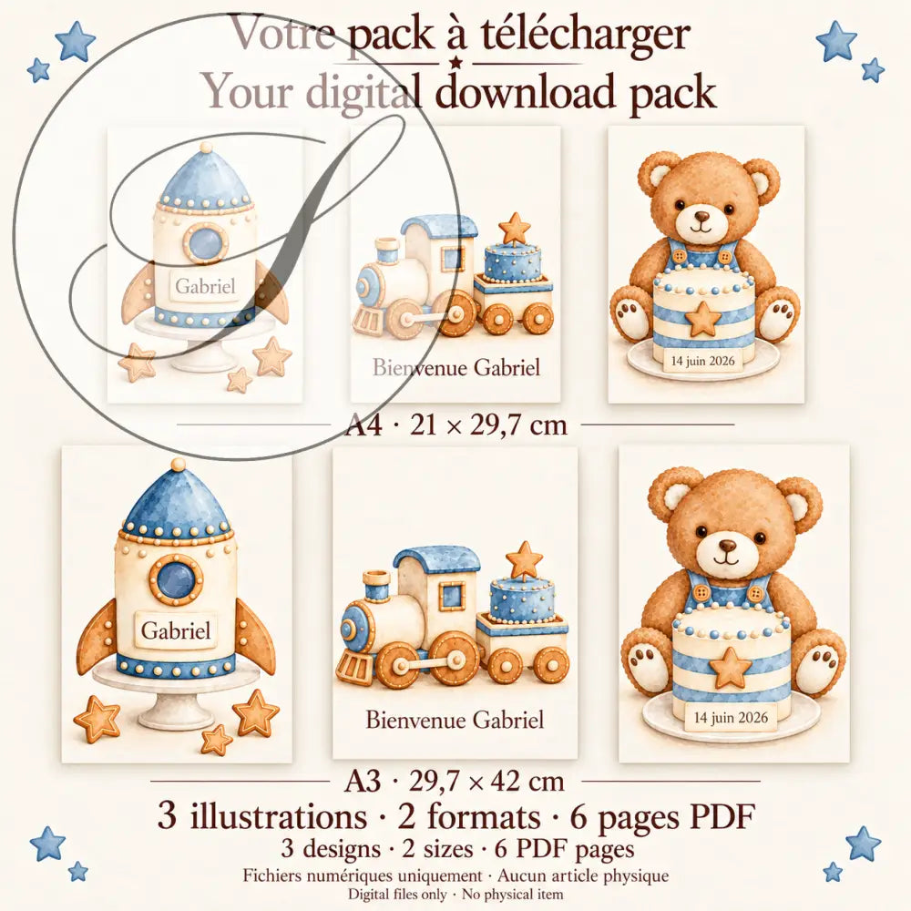 Cadeau naissance garçon : contenu du pack, 3 affiches fusée, ourson et petit train en A4 et A3, 6 pages PDF