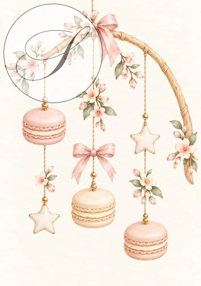 Cadeau naissance fille : affiche mobile de bébé aux macarons roses, étoiles et rubans, tons crème et rose poudré