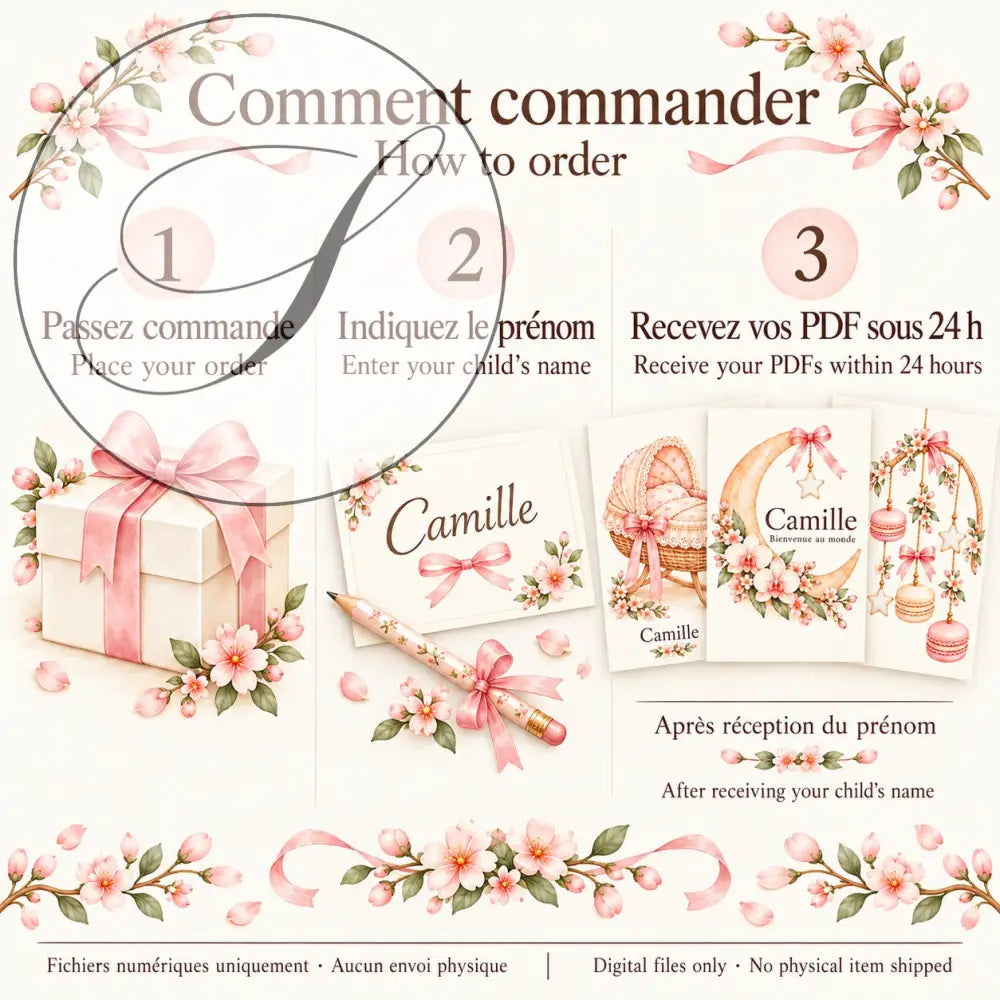 Cadeau naissance personnalisé, comment commander : indiquez le prénom, fichiers PDF reçus sous 24 h
