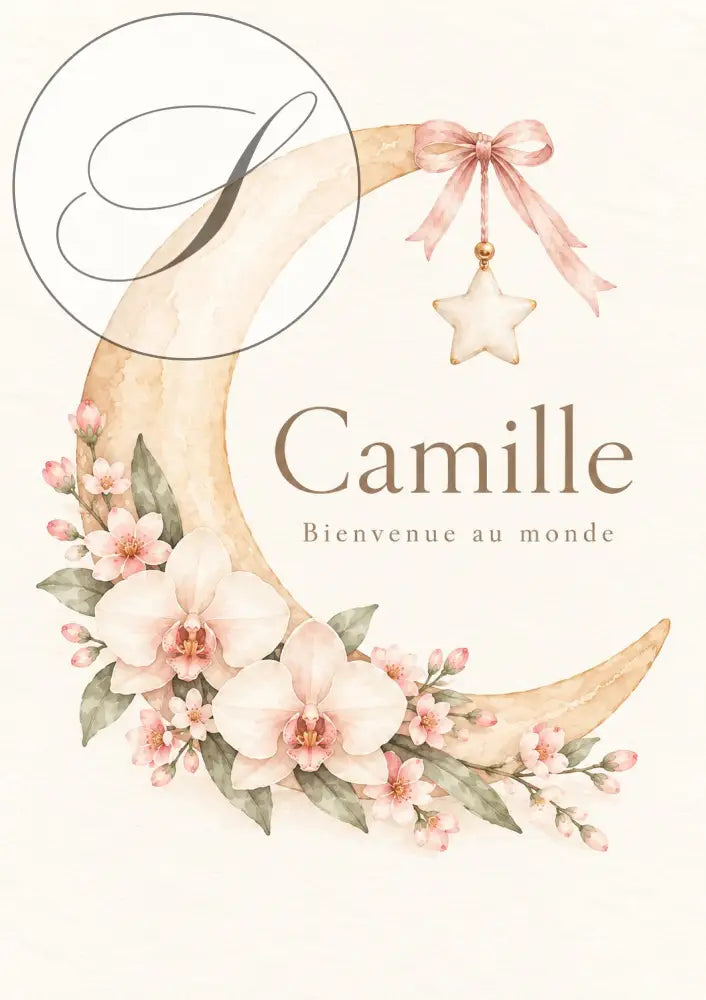 Cadeau naissance personnalisé : affiche prénom de bébé sur une lune fleurie, Bienvenue au monde, orchidées roses