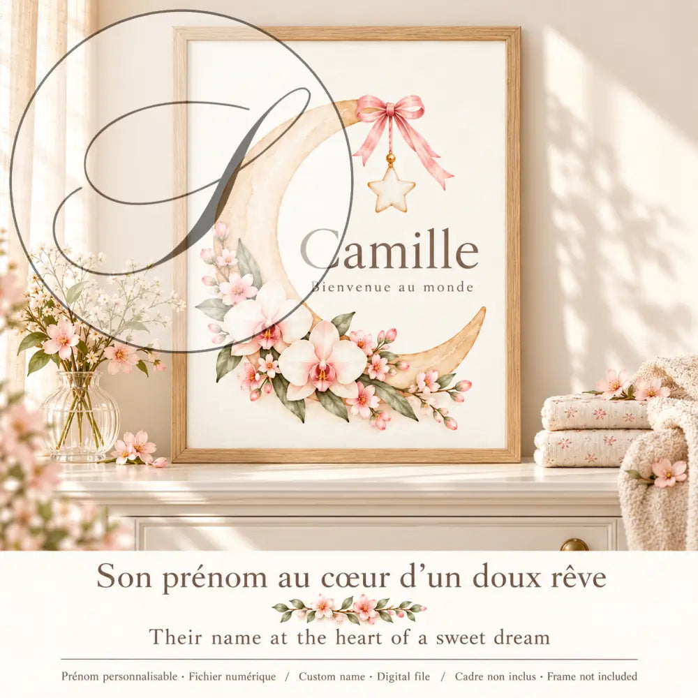 Cadeau naissance : son prénom au cœur d'un doux rêve, affiche lune encadrée dans une chambre de bébé fille