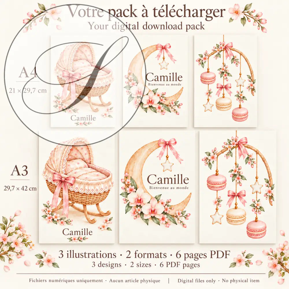 Cadeau naissance : contenu du pack, 3 affiches lune, berceau et mobile en A4 et A3, 6 pages PDF
