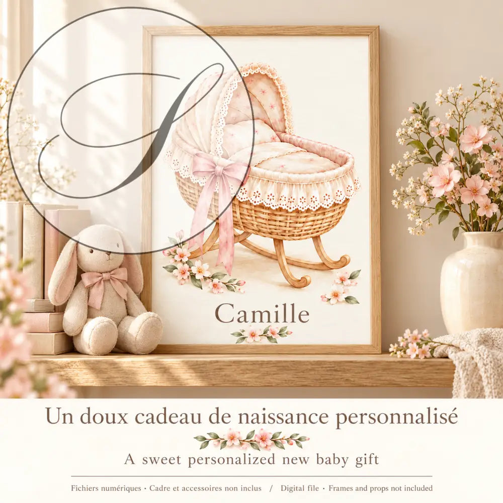 Un doux cadeau de naissance personnalisé : affiche berceau au prénom encadrée près d'une peluche lapin