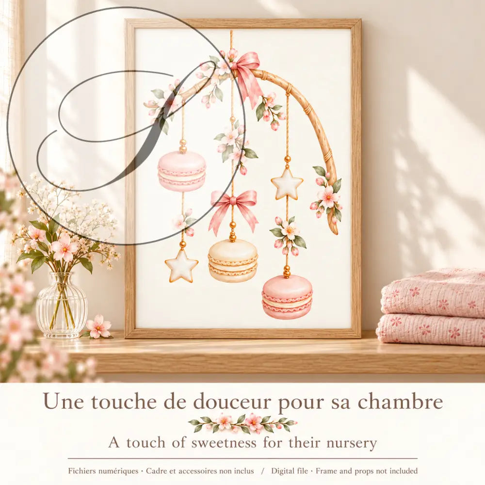 Cadeau naissance : une touche de douceur pour sa chambre, affiche mobile aux macarons encadrée