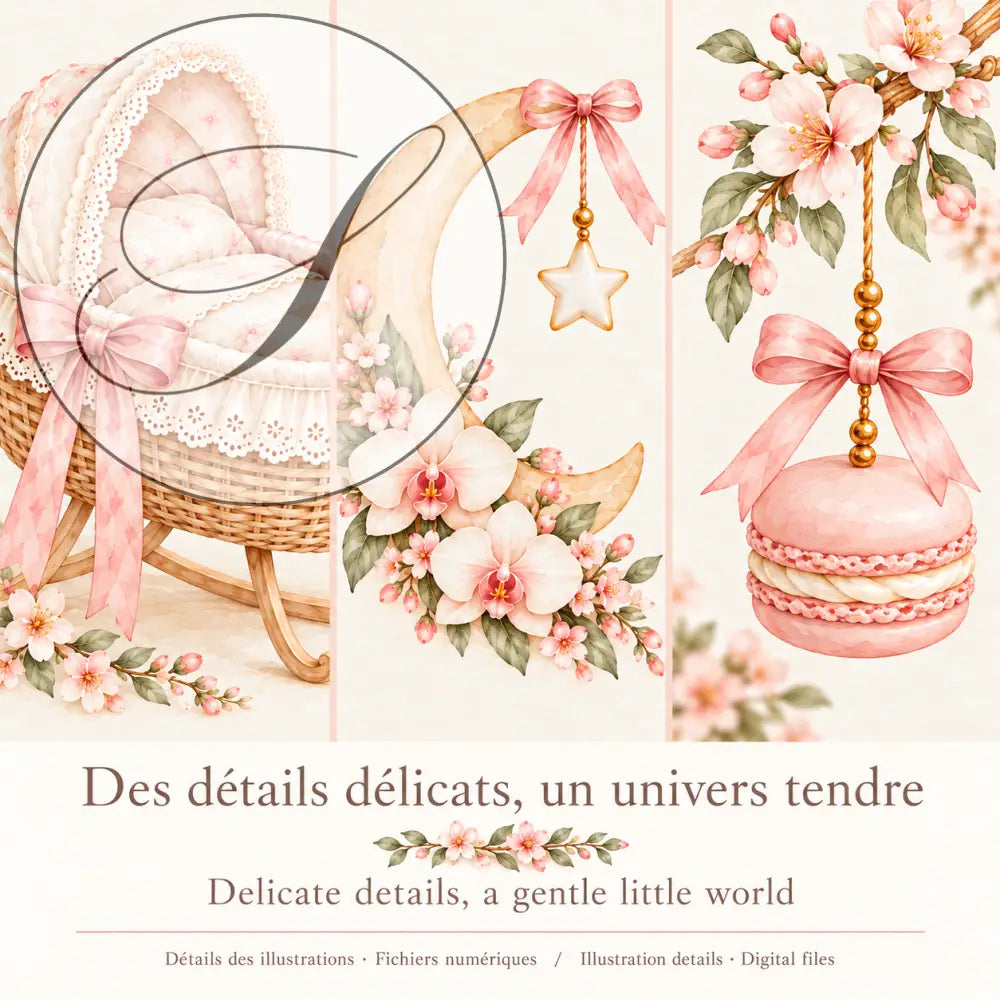 Cadeau naissance fille : détails délicats des affiches berceau, lune et mobile, un univers tendre