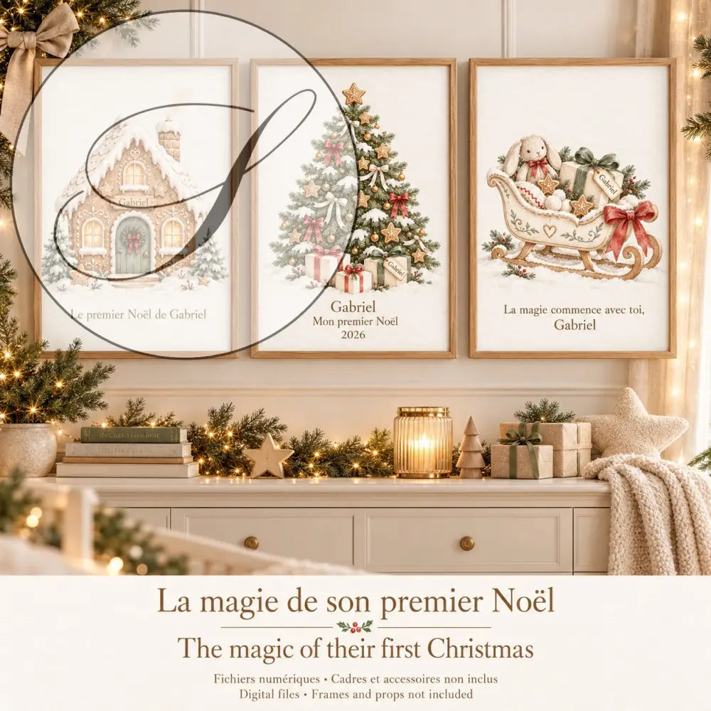 Cadeau premier Noël bébé : pack de 3 affiches personnalisées maison en pain d'épices, sapin et traîneau au-dessus d'une commode