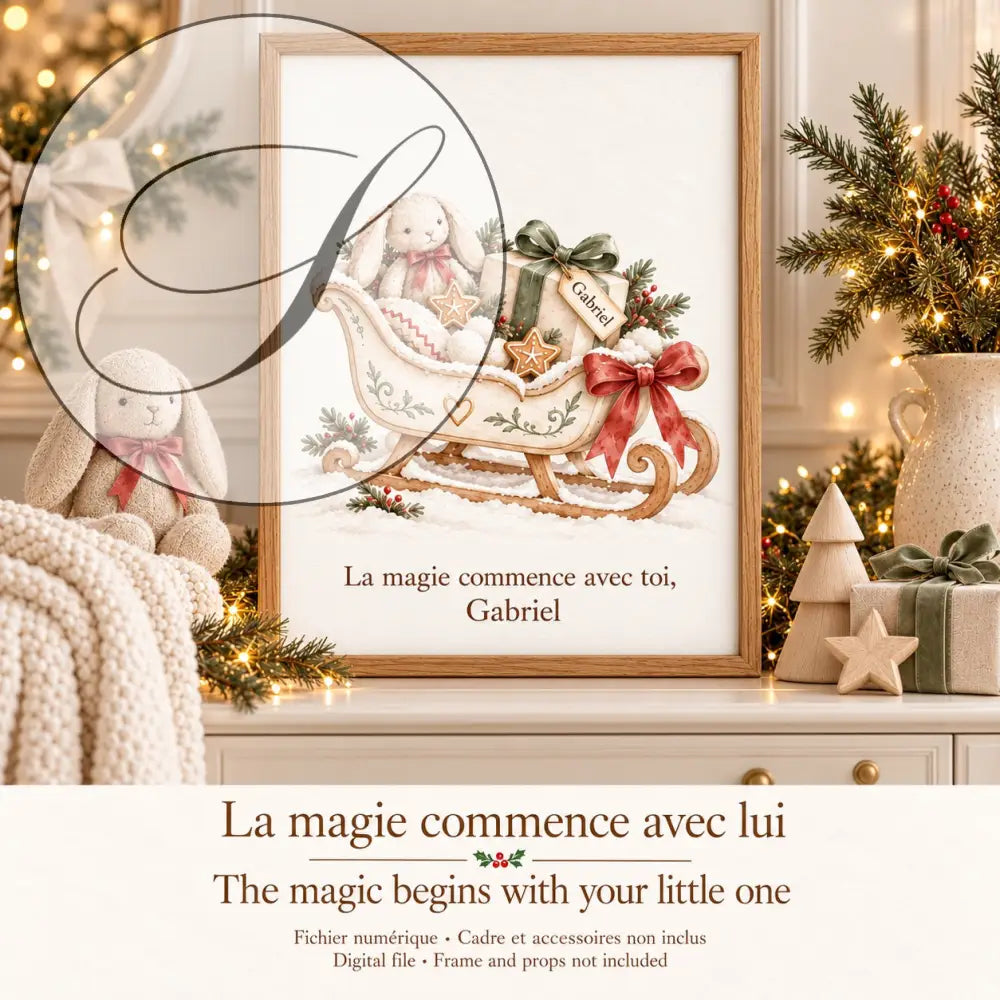 Cadeau premier Noël bébé : affiche traîneau La magie commence avec lui, encadrée avec une peluche lapin et des guirlandes lumineuses