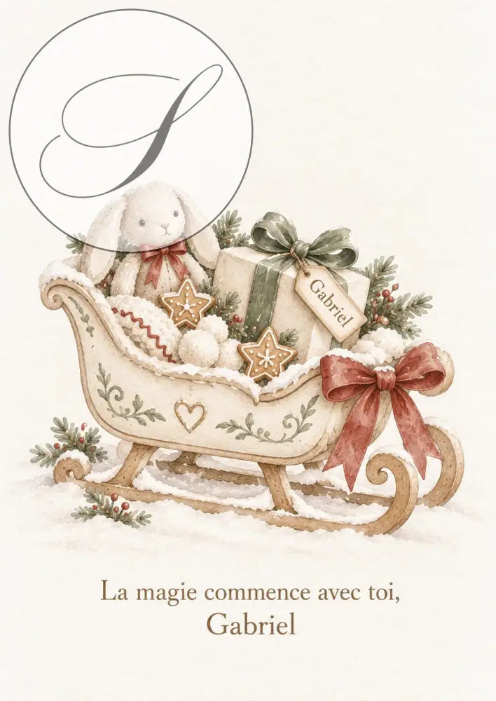Cadeau premier Noël bébé : affiche traîneau, peluche lapin et cadeaux, La magie commence avec toi et le prénom