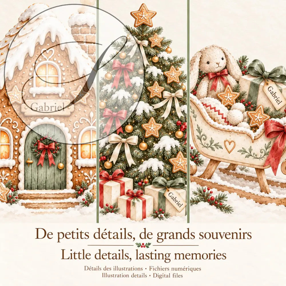 Cadeau premier Noël bébé : détails des affiches pain d'épices, sapin et traîneau, de petits détails pour de grands souvenirs
