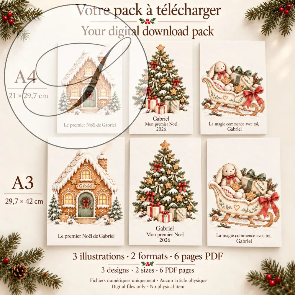 Cadeau premier Noël bébé : contenu du pack, 3 affiches de Noël en A4 et A3, 6 pages PDF à télécharger