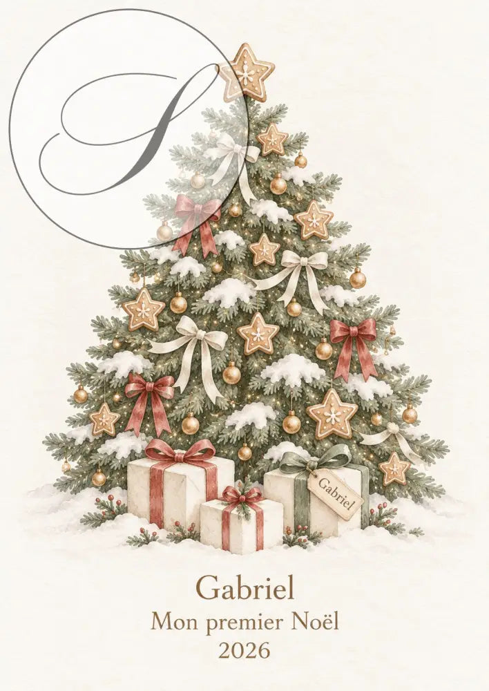 Cadeau premier Noël bébé personnalisé : affiche sapin de Noël décoré avec le prénom, Mon premier Noël et l'année