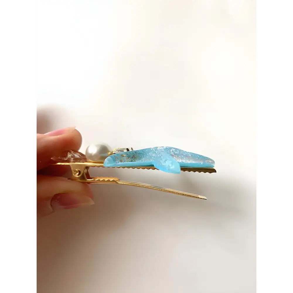 Barrette coquillages/étoile de mer turquoise et épingle perle ADELIE fermoir