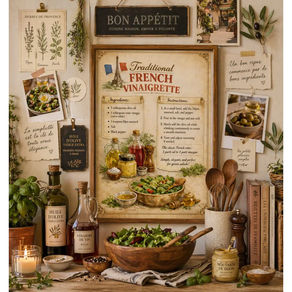 Affiche vintage français avec cadre en bois montrant un bol en bois rempli de salade 