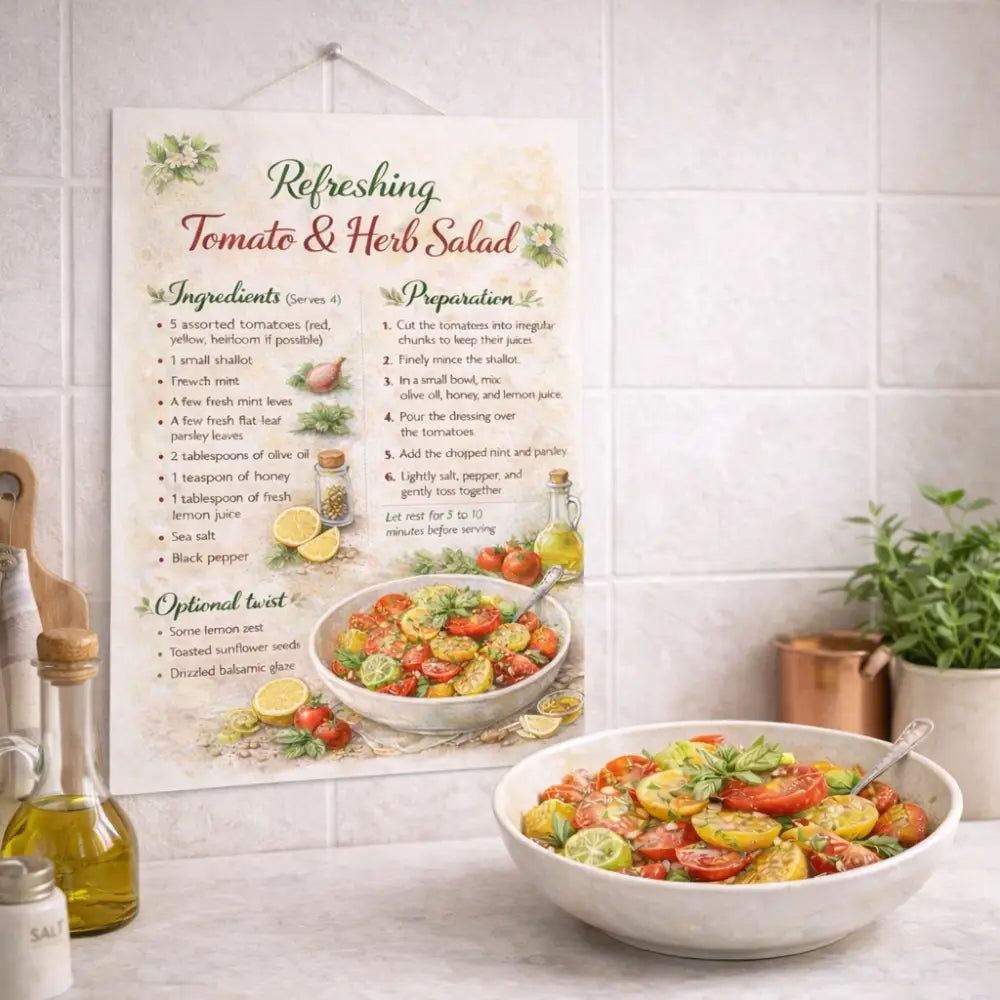Affiche cuisine recette salade tomate avec illustration de tomates anciennes 