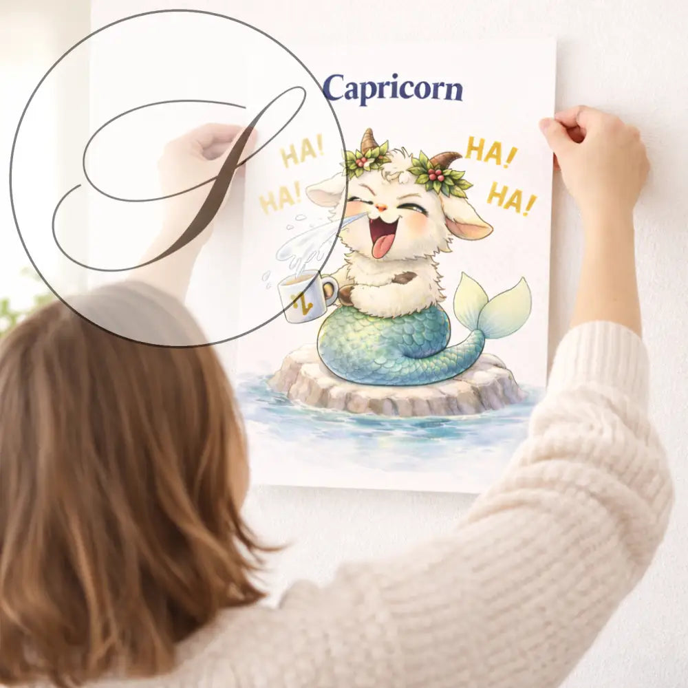 Affiche astrologique capricorne avec chèvre cartoon à couronne verte et queue sirène bleu-vert tenant mug zodiac cadeau astrologie