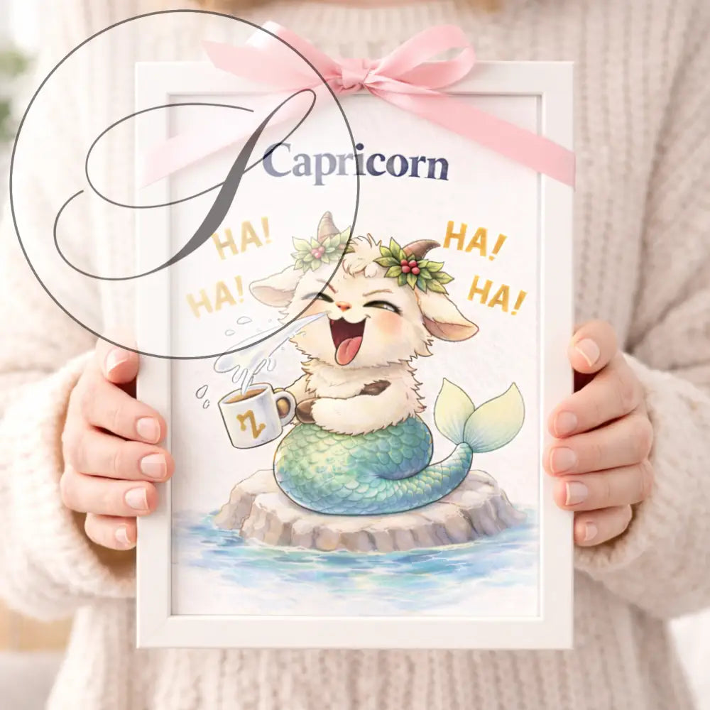 Affiche astrologique capricorne avec illustration cadree dune chèvre cartoon à couronne de feuilles et queue de sirène sipping mug cadeau astrologie