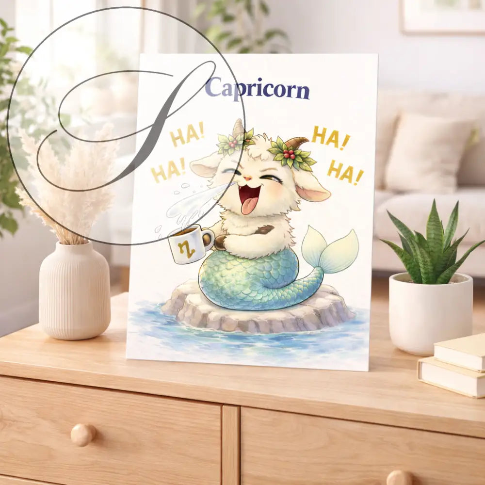Affiche astrologique capricorne avec chèvre cartoon couronne verte queue poisson bleue tenant mug signe zodiac cadeau astrologie