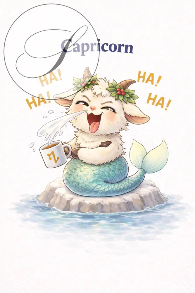 Affiche astrologique capricorne avec sirène cartoon aux écailles teal et fourrure blanche tenant un mug joyeux cadeau astrologie