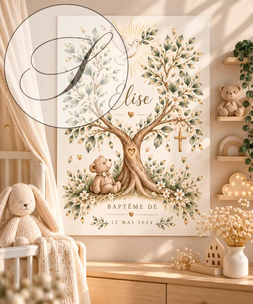 Affiche de baptême personnalisée beige et verte avec arbre de vie, nom élise et date 12 mai 2024, cadeau naissance idéal