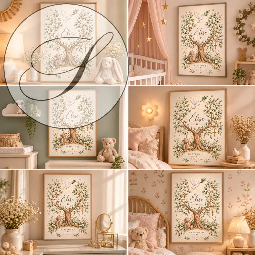 Affiche de baptême personnalisée cadre beige arbre de vie avec feuilles vertes et teddy bears cadeau naissance unique