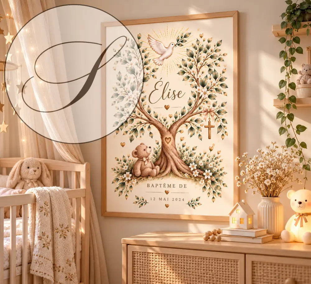 Affiche de baptême personnalisée arbre de vie avec feuilles vertes, fleurs blanches